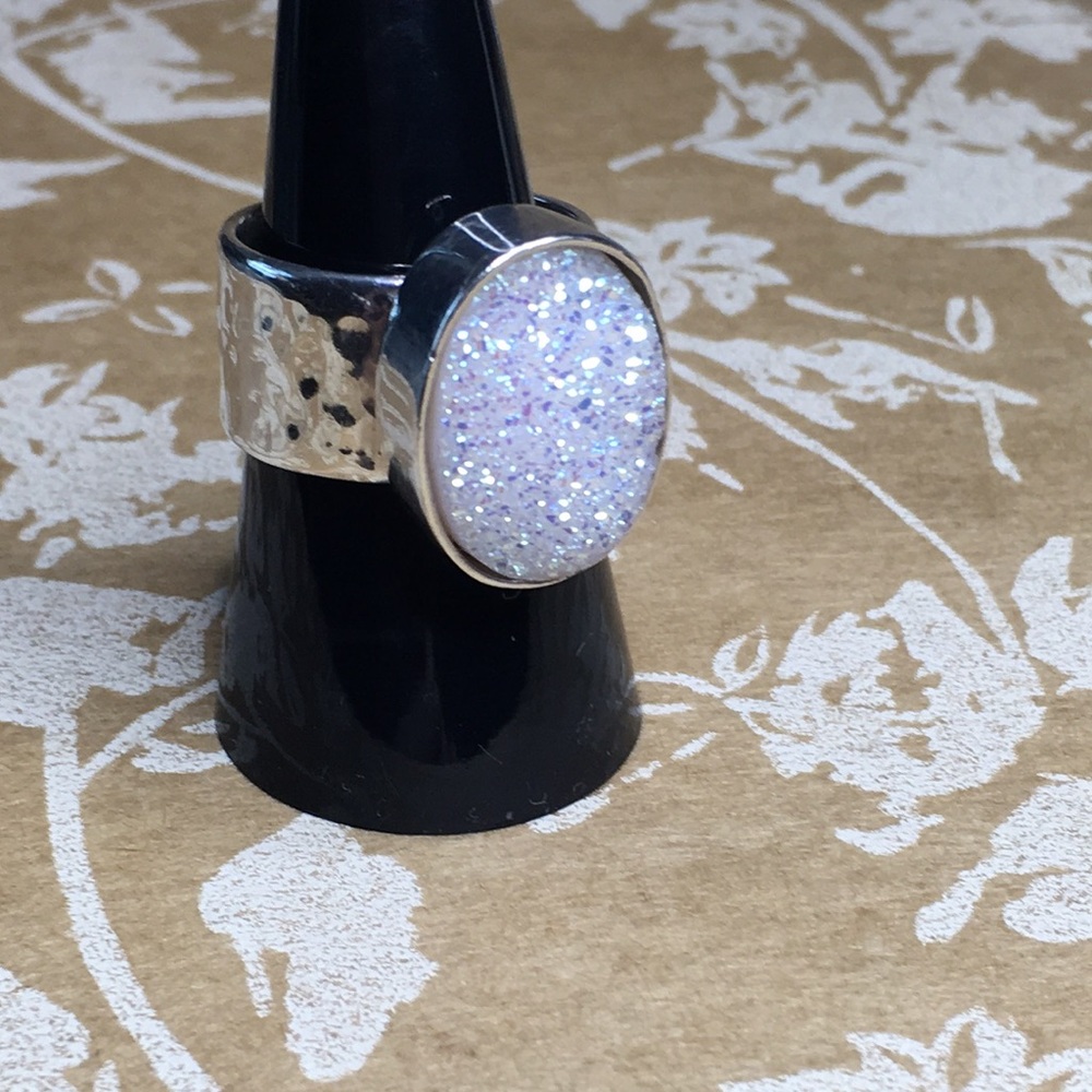 SALE 925 Sterling Silver and White Sparkly Druzy Womens Statement Ring size 8